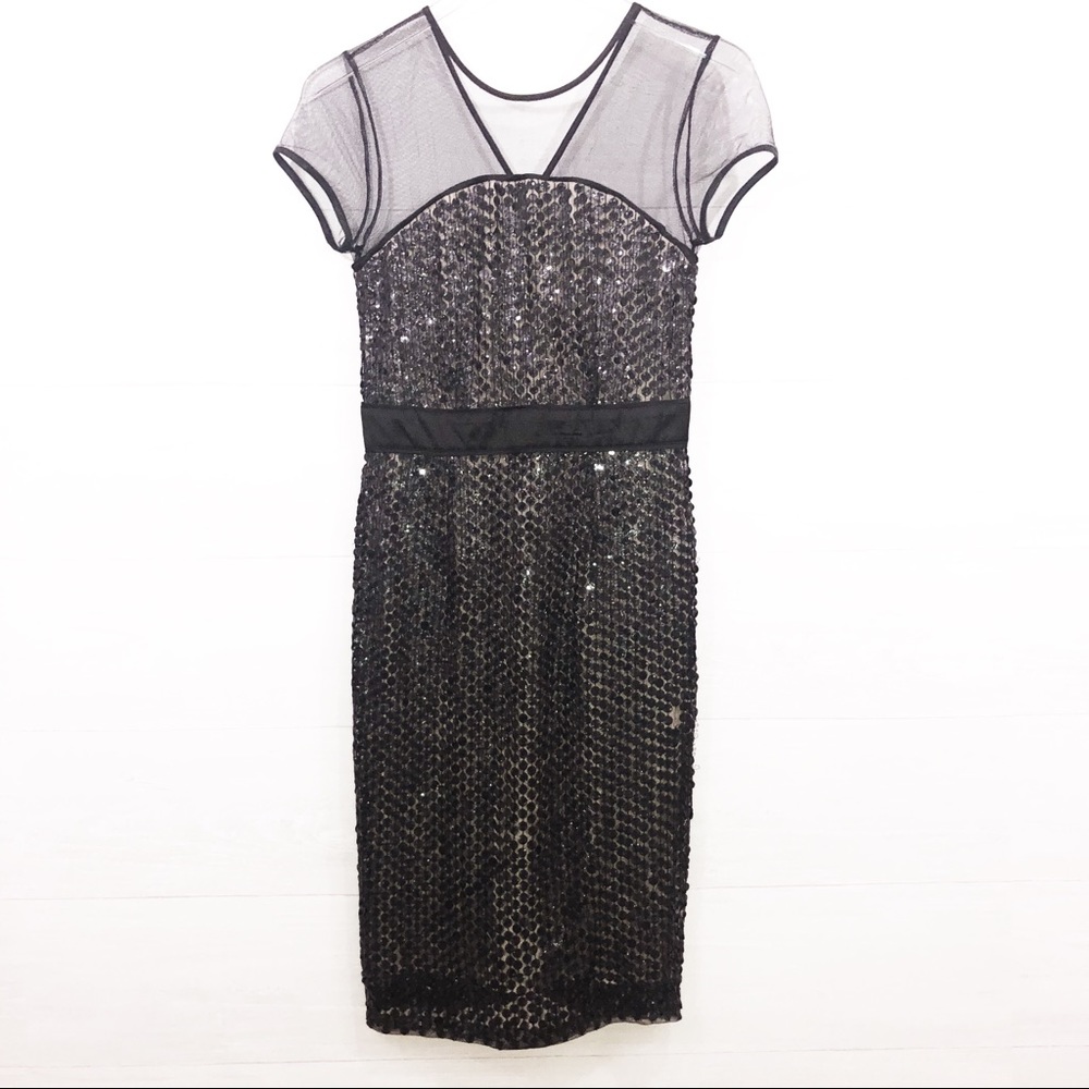 French Connection Black Sequin Mesh Sheath Dress Size 2 – Party Cocktail Holiday